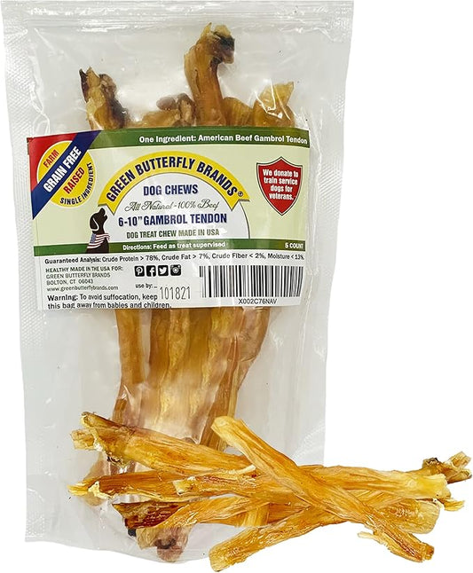 Beef Tendons for Dogs Made in USA. 6-10 Inch Grass Fed Farm-Raised American Beef Dog Treats. All Natural Dog Dental Chews. Grain Free Odor-Free Chews 5 Count