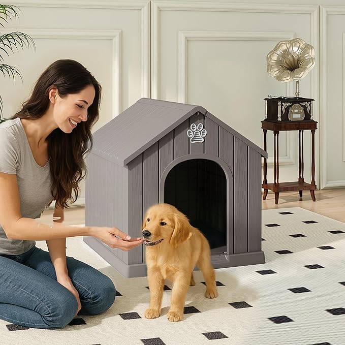 DRATO Indoor & Outdoor Dog Houses, Resin Material Pet Shelter with Waterproof Feature and Ventilated Design,Gray