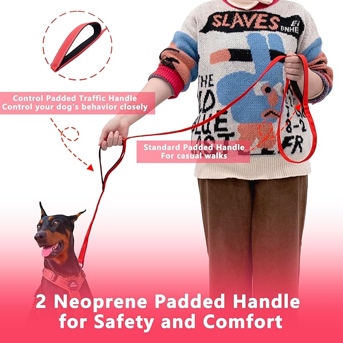 Dog Leash 6ft Long, Double Handle Dog Leash for Safety Control Training, Heavy Duty Dog Leads with Traffic Padded Handles, Reflective Leashes for Small Medium Large Dogs(6ft, Red)