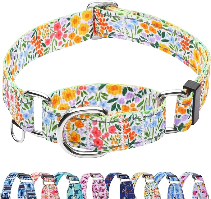Reflective Martingale Collar for Dogs Nylon Training Collar with No Buckle Cute Floral No Pull Dog Collar for Large Dogs（Yellow Flower，L）