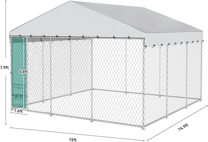 YITAHOME 14.8'x14.8' Large Outdoor Dog Kennel with Rotating Feeder Bowls, Outdoor Dog Enclosure with Roof, Heavy Duty Dog Cage for Large Dogs