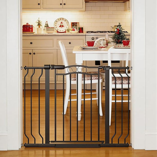 29.53"-43.30" Mornyray Auto-Close Baby Gate Extra Wide, Pressure Mounted Dog & Pet Gate for Stairs Doorways, No Drill Safety Barrier with Lace Design, Metal Child Proof Gate Indoor Outdoor, Black