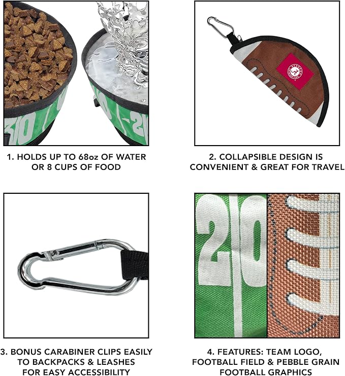 Pets First NCAA Alabama Crimson Tide Collapsible Dog Travel Bowl, Food and Water Bowl for Dogs & Cats. Lightweight Leak-Proof Pet Bowl for Travel with Football Field & Pebble-Grain Design