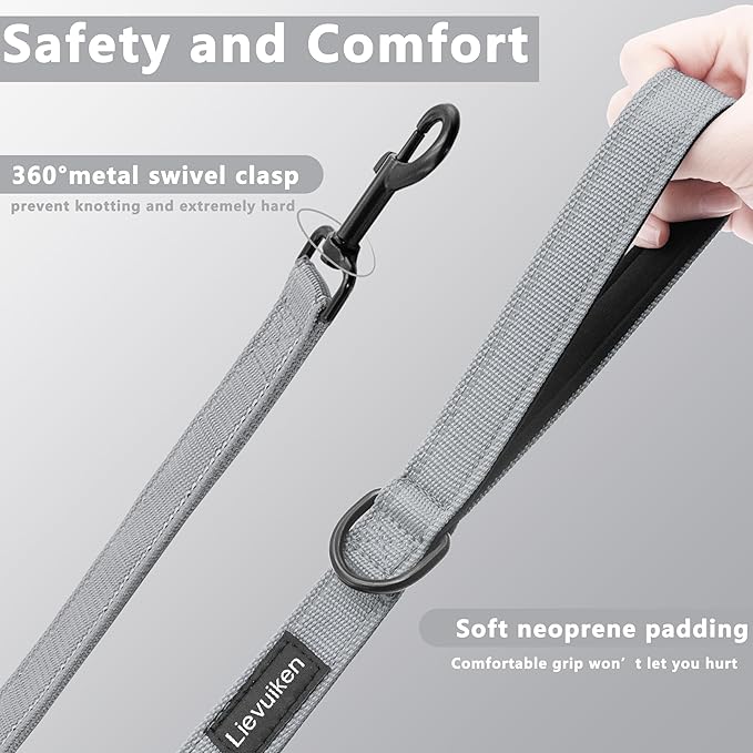 Dog Leash 6.5ft Long, Double Handle Dog Leash for Safety Control Training, Heavy Duty Dog Leads with Traffic Padded Handles, Reflective Leashes for Small Medium Large Dogs(6.5ft, Grey)