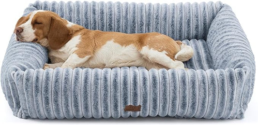 Bedsure ComfyFleece™ Cute Dog Beds Large Sized Dog - Washable Furry Pet Beds, Rectangle Orthopedic Corduroy Fleece Puppy Beds with Removable Zipper Cover, 36x27x8inches, Vintage Indigo