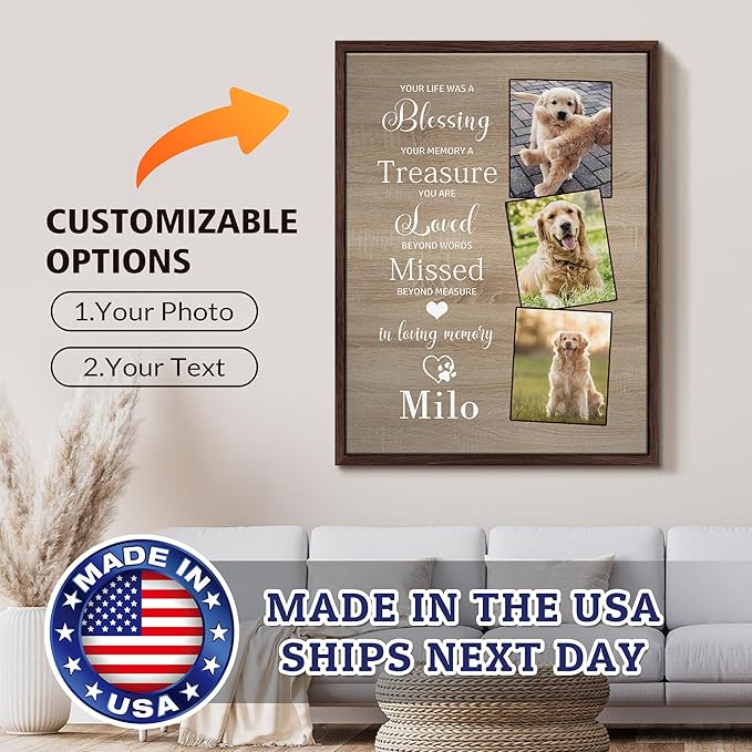 Custom Dog Memorial Gifts, Dog Memorial Canvas Framed with Photo, Personalized Paw Prints with Name and Text, Dog Loss Sympathy Ornament Gift for Dog Cat Lover Owners