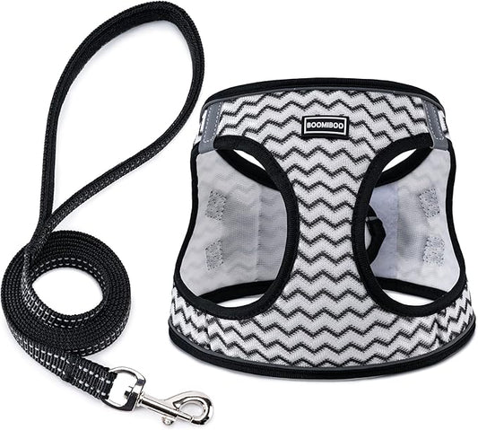 BOOMIBOO Dog Harness with Leash Set, No Pull Adjustable Reflective Step-in Puppy Pet Vest Harnesses for Small Medium Large Dogs and Cats,White Stripe M
