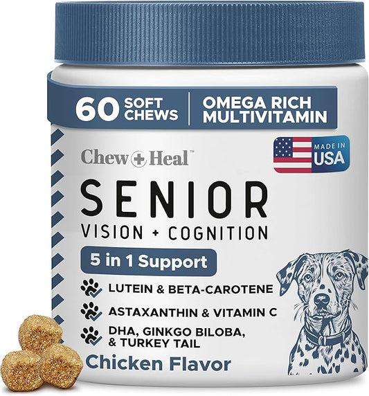 Chew + Heal Labs Senior Dog Vision and Cognition Chews - 60 Soft Chews for Dog Eye Care and Memory - 7-in-1 Multivitamin with Omega Fatty Acids, Vitamins, and Botanicals - Made in the USA