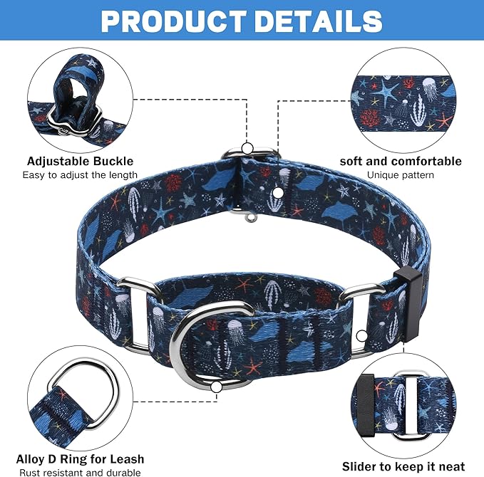 Hikiko Martingale Collar for Dogs with No Buckle Starfish Blue Dog Collars for Small Dogs,Submarine,S