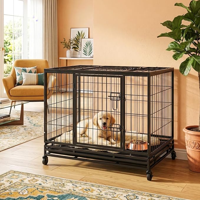 BestPet 36 Inch Heavy Duty Dog Crate, Indestructible Escape-Proof Kennel with Double Door & Removable Tray for Medium to Large Dogs,Black