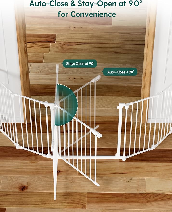 Babelio 104" Extra Wide Baby Gate, 30" Tall Auto Close Dog Fence for Stairs Doorways Fireplace, Hardware Mounted Pet Gate Indoor, Foldable 5 Metal Panels, White