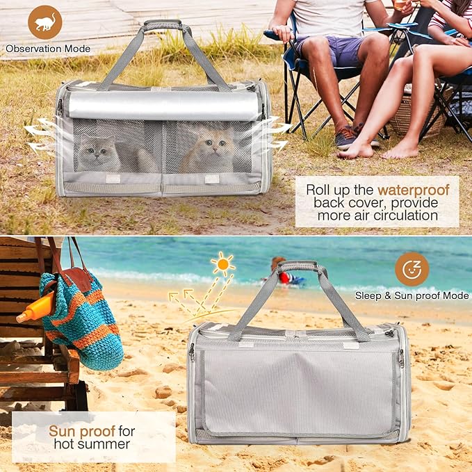 Cat Carrier for 2 Cats with Litter Box, Large Cat Travel Carrier for Car Travel, Double-Compartment Soft Pet Carrier with Breathable Mesh, up to 30lb - for Car, Vet Visits & Camping