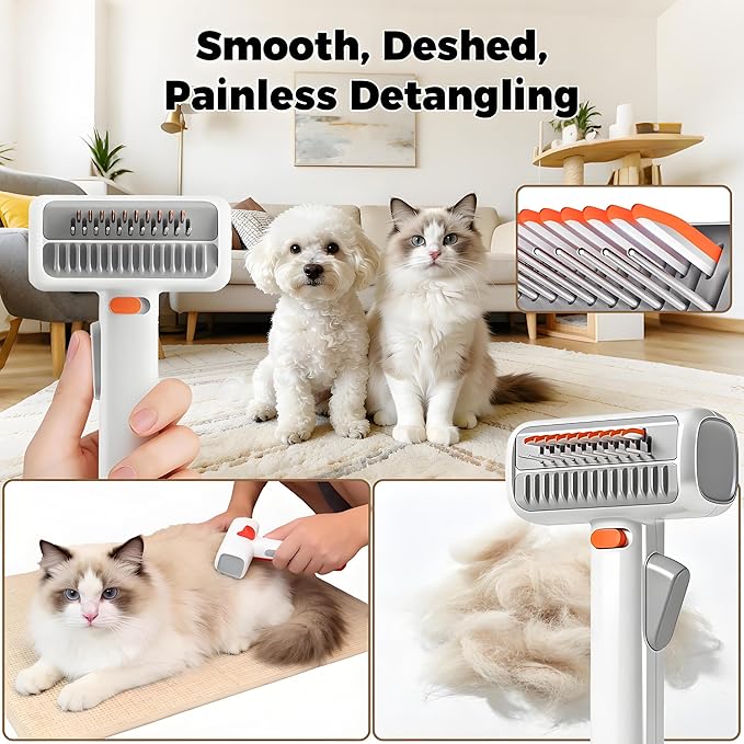 2-in-1 Self Detangling Grooming Comb for Dogs & Cats – Dematting Brush & Undercoat Rake for Long or Short Hair, Effortlessly Removes Mats, Tangles & Loose Fur for a Smooth, Healthy-Looking Coat