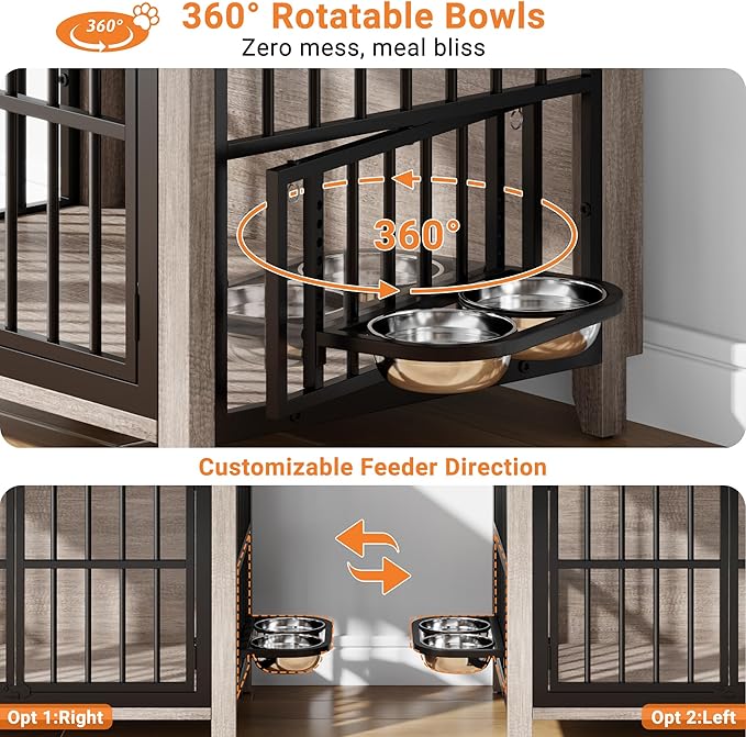 31.5" Dog Crate Furniture, Wooden Dog Kennel Indoor with 360° Rotating Feeder and 2 Adjustable Bowls, Decorative Side End Table Dog Cage for Medium and Small Dogs, Grey