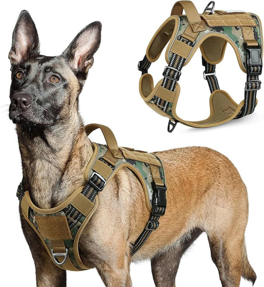 rabbitgoo Tactical Dog Harness for Large Dogs, No Pull Military Service Vest with Handle & Molle, Easy Control for Training Walking, Adjustable Reflective Straps, Brown camo, L