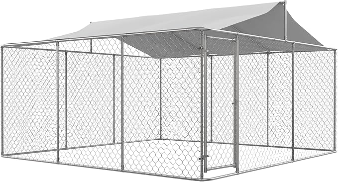 Outdoor Dog Kennel Dog Crate with Lockable Swing Gate,Water & UV Resistant Dog Enclosure Outdoor W/Pitched Roof,Heavy Duty Dog Pens Dog House Outside for Large Dogs,Gray(178"x178")