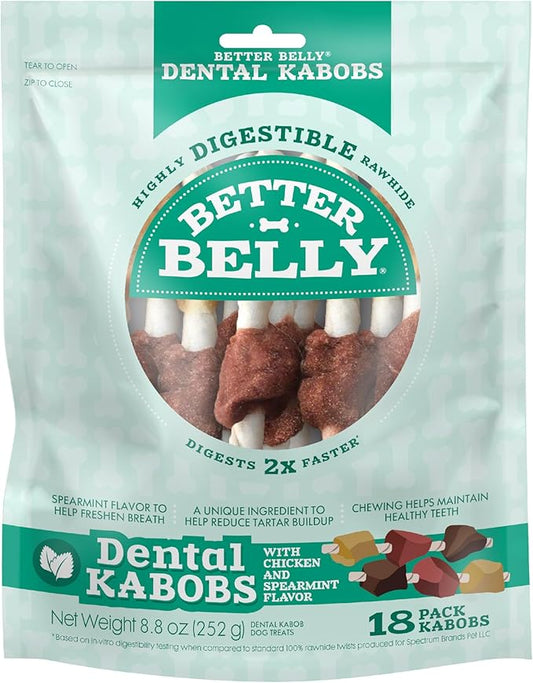 Better Belly Dental Kabobs, Dental Dog Chews with Breath-Freshening Spearmint, 18 Count