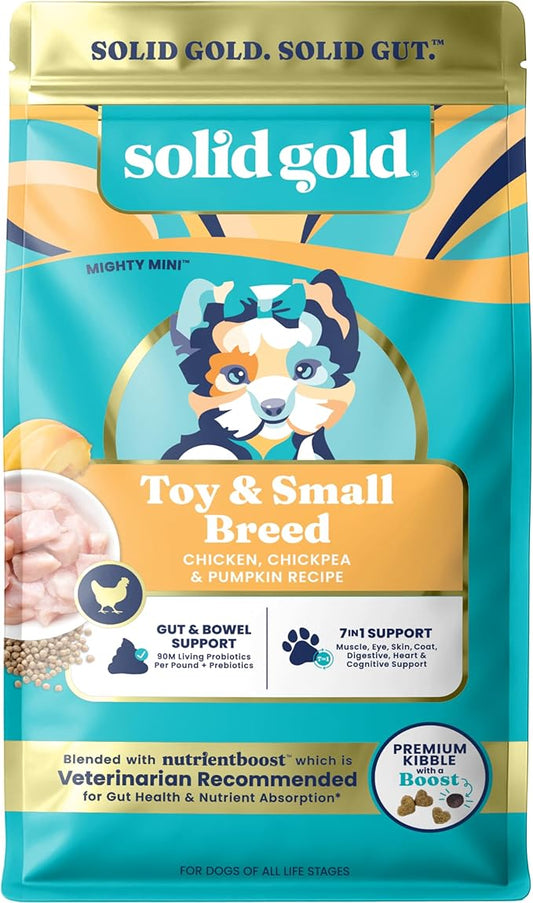 Solid Gold Toy & Small Breed Dry Dog Food Small Bites – Chicken, Grain Free Gluten Free, High Fiber Kibble w/Probiotics for Gut & Digestion – All Ages – NutrientBoost™ – 11LB