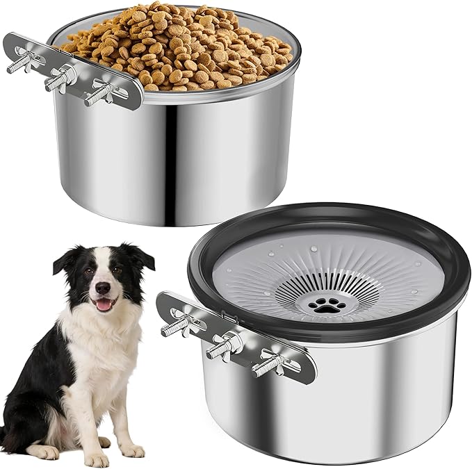 2PCS Spill Proof Dog Crate Water Bowl and Food Bowl Set, 2.5L Stainless Steel Dog Bowls for Cage, Kennel, Slow Drinking Dog Water Bowl for Large/Medium Pets, Hanging Pet Bowls
