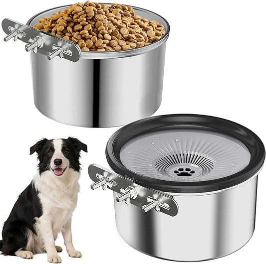 2PCS Spill Proof Dog Crate Water Bowl and Food Bowl Set, 2.5L Stainless Steel Dog Bowls for Cage, Kennel, Slow Drinking Dog Water Bowl for Large/Medium Pets, Hanging Pet Bowls