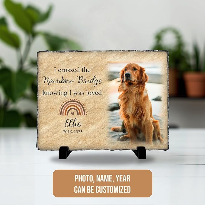 Personalized Dog Memorial Stone | Rainbow Bridge Pet Remembrance Gift for Loss of Beloved Companion | Custom Photo Grave Marker for Dogs | Outdoor- Indoor Animal Tribute Keepsake