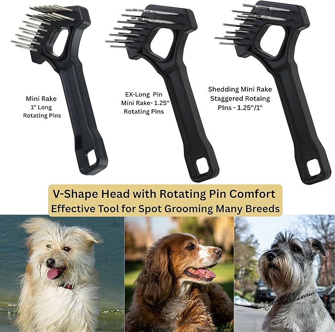 Undercoat Mini-Rakes for Effective Dematting and Grooming Dogs and Cats has V-Shape Head and Double Row, Stainless-Steel Rotating Teeth (Shedding Mini-Rake)