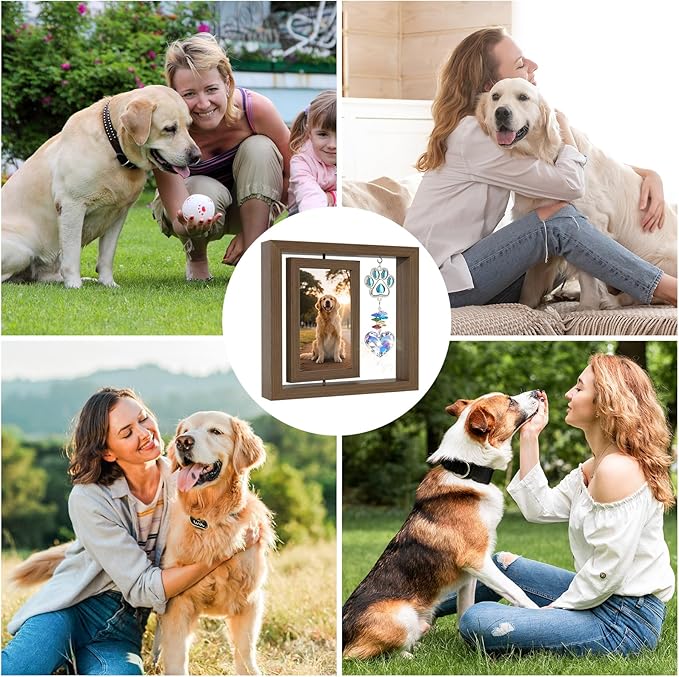 Dog Memorial Gifts for Loss of Dogs, Dog Memorial Picture Frame, 4x6 Photo Rotating Wooden Frame, Loss of Dogs Sympathy Gift with Paw & Heart Pendant
