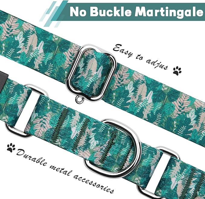 Hikiko Martingale Collar for Dogs with No Buckle Tropical Holiday Dog Collars for Large Dogs,Green Leaves,L