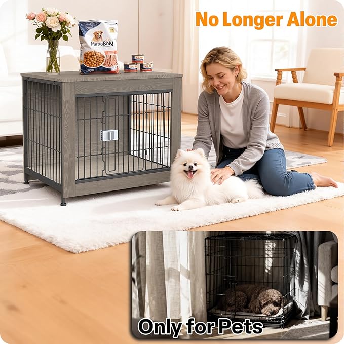 Furniture Style Dog Crate, 27" Wooden Dog Kennel End Table with Solid Top, Indoor Pet Crate House with Secure Slide Lock, Modern Dog Cage Furniture for Small & Medium Dogs, Greige