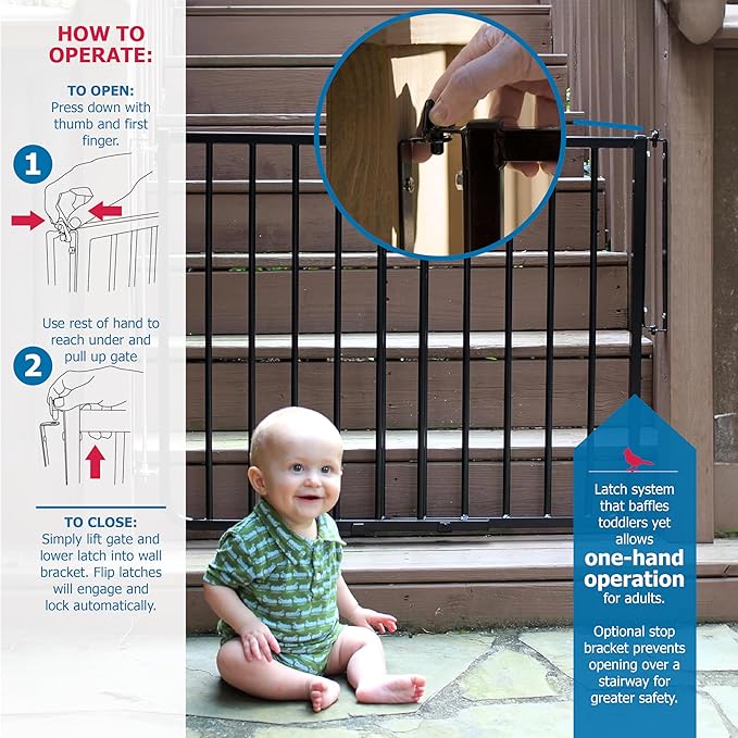 Cardinal Gates SS30OD Outdoor Dog Gate for Stairs – Adjustable Aluminum Safety Gate for Kids & Pets – Toddler Gate for Patio, Deck, Porch – Wall Mounted – Black – Screw in - USA Based