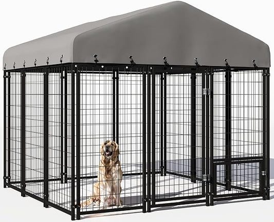 73"x70" Dog Kennel Outside, Large Outdoor Dog Kennel with Feeding Door and Double Lock, Heavy-Duty Weatherproof Dog Cage and Dog Fence with Roof, Outdoor for Large Dogs, Easy Assembly