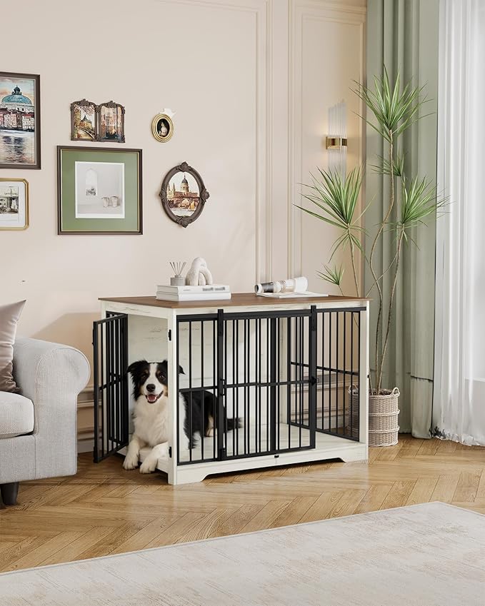 XL Large Dog Crate Furniture, 44.1" Indoor Dog Kennel Furniture with Barn Door, Wooden Tall Dog Crate, Heavy Duty Dog Cage for Large Dogs, Side End Table, Anti-Chew, White Brown DFC80114B