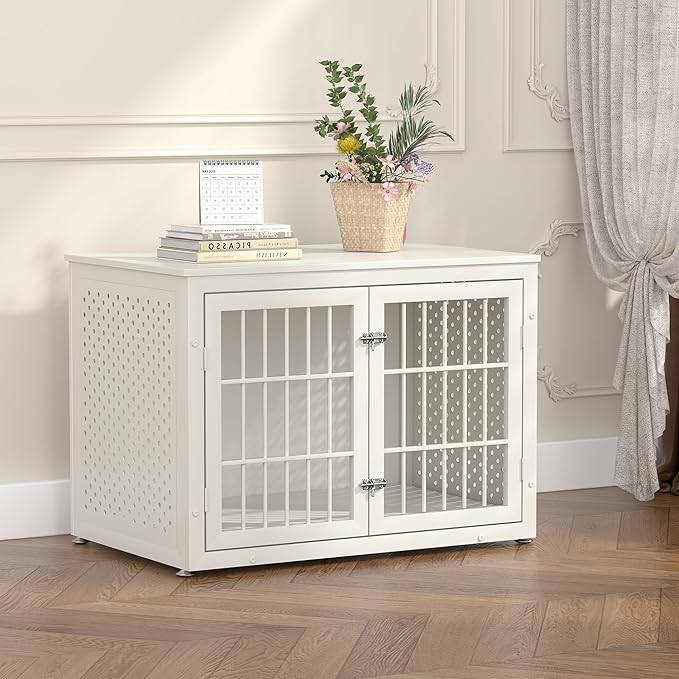 38" Heavy Duty Dog Crate Furniture for Large and Medium Dogs,Wooden Metal Kennel for High Anxiety Dogs, Chew Proof Pet Cage Indoor, Decorative Dog Kennel End Table, White