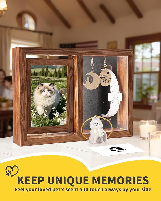 Dog & Cat 3-IN-1 Memorial Wooden Picture Frame Set, Lost Pet Sympathy Gifts with 360° Rotation Wooden Picture Frame for Two 4"x6" Photos, Pet Memory Gifts for Dog/Cat Passing