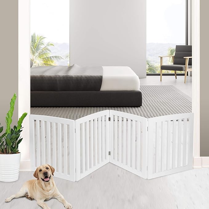 Freestanding Pet Dog Gate, 3-Panel/ 4-Panel Wooden Folding Fence for Hallway,Doorway,Hall,Stair,24 Inch Height Indoor Foldable Dog Fence (White, 4 Panel 24“)