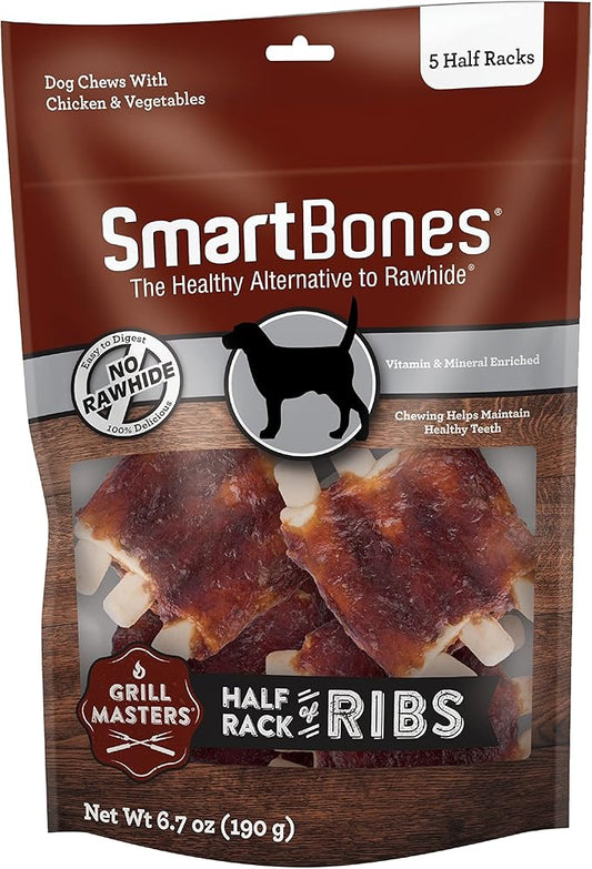 SmartBone Grill Masters Ribs Half Racks 5 Count, Rawhide-Free Chews for Dogs