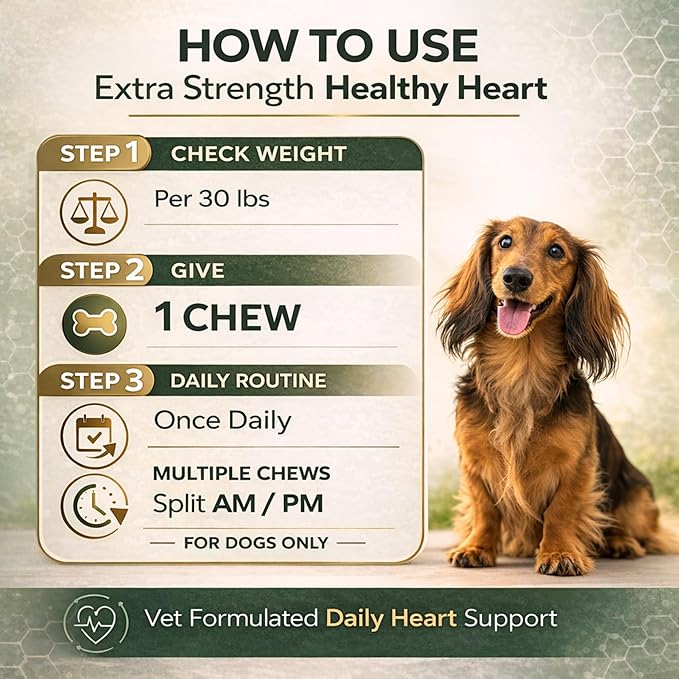 VetriScience Extra Strength Healthy Heart Chews, Vetri Cardio Supplement for Dogs, Cardio Support Supplement with Taurine, Carnitine, CoQ10, and Hawthorn, Chicken, 60 Count