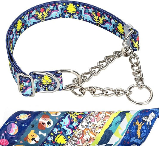 Martingale Dog Collar with Chain, Reflective Adjustable Training Collar with Dinosaur Design for Medium, Large, XL Dogs(Dinosaur Medium)