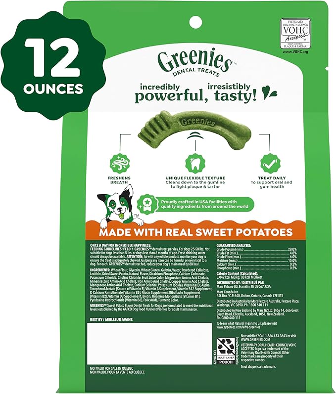 Greenies Veterinarian-Recommended Natural Dental Dog Treats, Dental Chews for Dogs, Regular Size, Sweet Potato Flavor, 12 oz. Pack, 12 Count