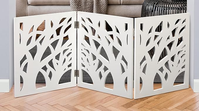 Safety Pet Gate for Dogs – Free-Standing & Foldable - Decorative Scroll Wooden Fence Barrier – Stairs & Doorways (White)