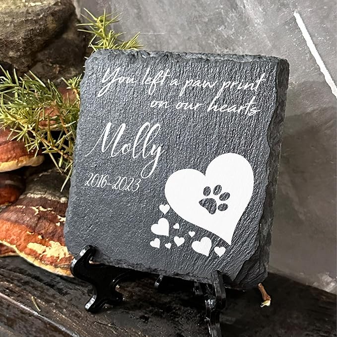 Personalized Individual Square Memorial Plaque + Stand for Pet Cat Dog Slate Stone Frame Paw Grave Marker - Size 3.94" x 3.94" or 100 x 100 mm - White Heart