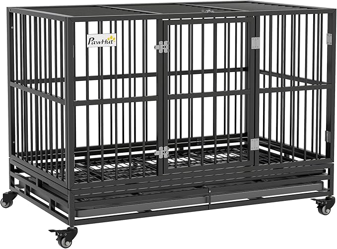 PawHut 48" Heavy Duty Dog Crate Metal Cage Kennel with Lockable Wheels, Double Door and Removable Tray, Gray