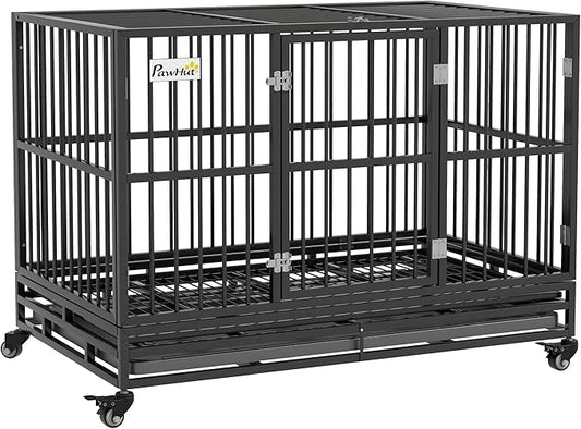 PawHut 48" Heavy Duty Dog Crate Metal Cage Kennel with Lockable Wheels, Double Door and Removable Tray, Gray