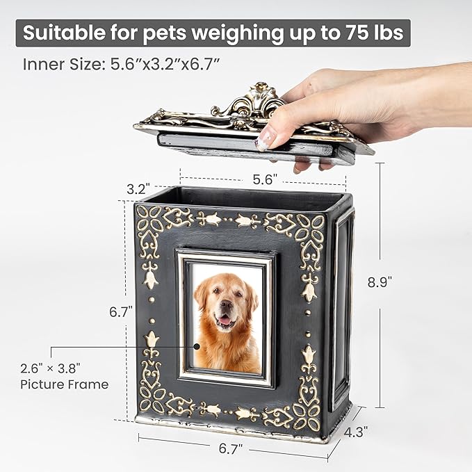 AELS Large Pet Urn Memory Box for Keepsakes with Photo Slot, Dog Memorial Urns for Ashes, Cat or Dog Cremation Urns, Black
