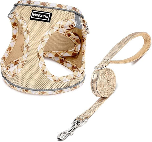 Mercano Soft Mesh Dog Harness and Leash Set, No-Chock Step-in Reflective Breathable Lightweight Easy Walk Vest Harnesses with Safety Buckle for Small Dogs, Cats (Beige, XXS)