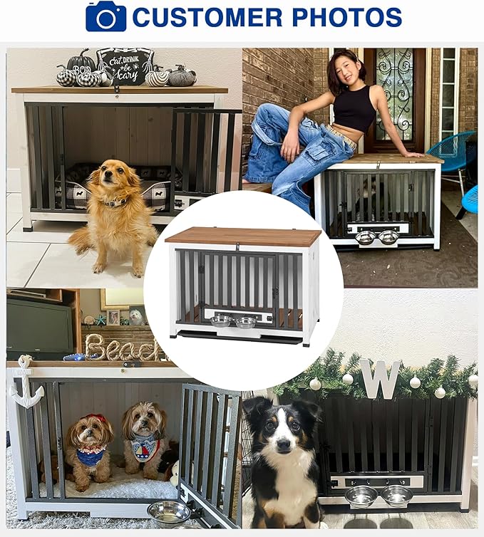 Dog Crate Furniture, Foldable Wooden Dog Kennel Furniture with 360° Rotating Feeding Bowls, Iron Frame Dog Crate with Deepened Sliding Tray, 33" L - White Brown