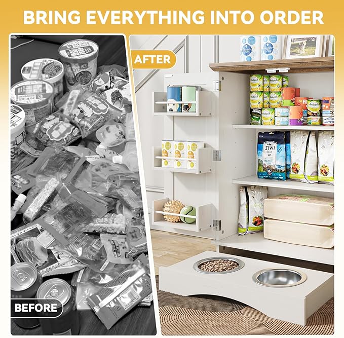FIMELLO 32.2" H Dog Feeding Station with Storage, Dog Feeder Station with 2 Feeding Bowls, Adjustable Shelf, Pet Storage Cabinet Organizers for Cats and Dogs, Oak and White Grain