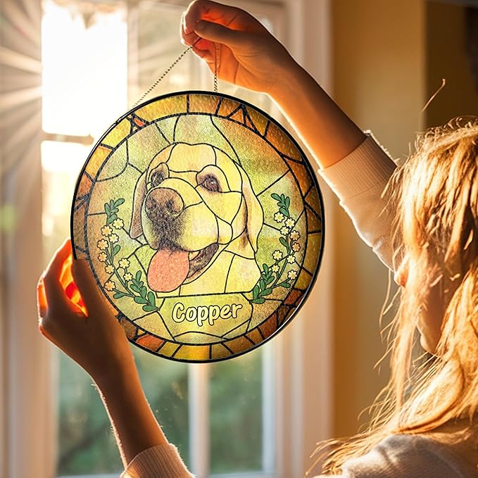 NAZENTI Personalized Dog Memorial Suncatcher, Sympathy Gift for Loss of Pet, Dog Remembrance Gift, Stained Glass Suncatcher, Custom Portrait Photo and Name, Pet Memorial Ornament Window Hanging 1