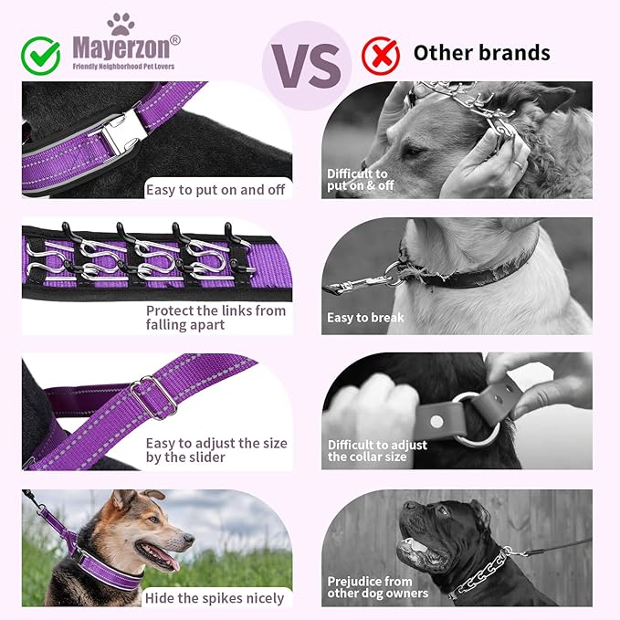 Mayerzon Prong Collar for Large Medium Dogs, Patented Reflective Pinch Collar with Metal Buckle, No Pull Adjustable Hidden Covered Dog Walking Training for Pitbull German Shepherd Doberman(Purple, L)