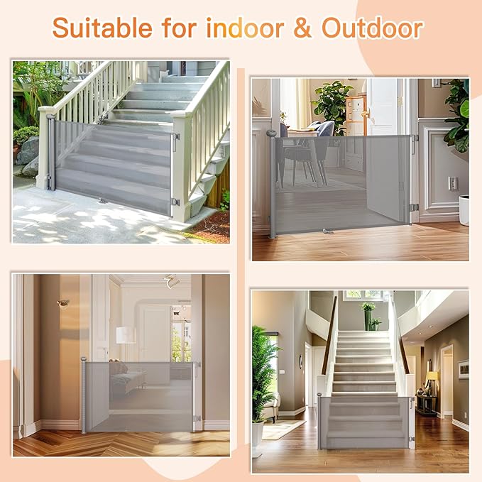 Uamector Retractable Baby & Dog Gate, Adjustable Mesh Safety Gate Extends to 72" Wide 34" Tall for Stairs Doorways, Indoor Outdoor Use